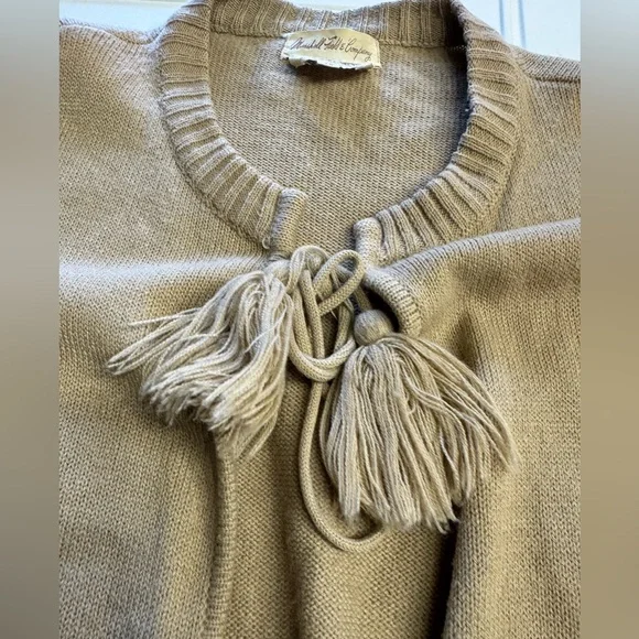 Marshall Field & Co Size 46/XXL Vintage Tan Open Front Sleeveless Tie Cardigan - Picture 5 of 6